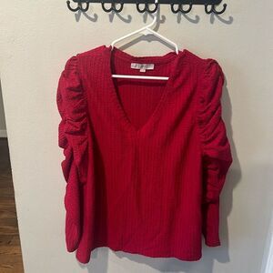 LOFT Top Size XL Magenta Pink Shirred Puff Long Sleeve Shirt V Neck Stretch Knit